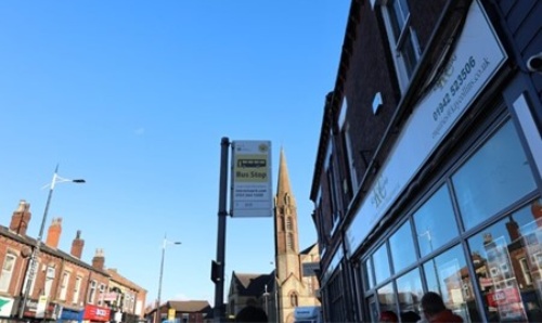 A bus stop in Manchester